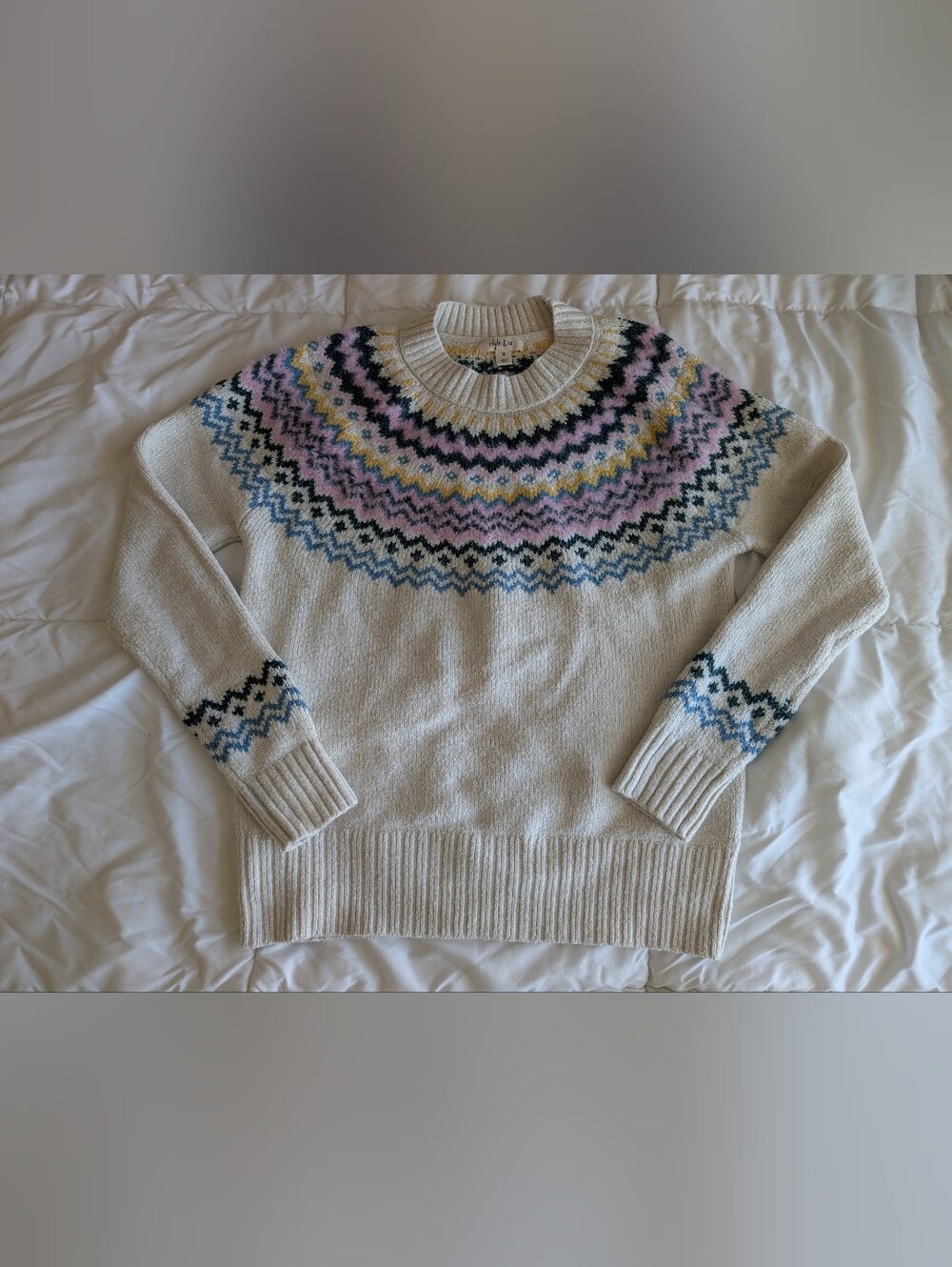Style & Co Fair Isle Sweater Womens XS Cream Retro 70s 80s Vintage Inspired
